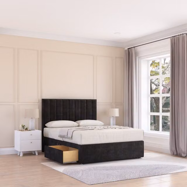 Sloomy Kansas Super King Divan Bed Base with 2 Drawers and Floor Standing Headboard in Black Velvet Fabric, W/D/H: 200 x 200 cm