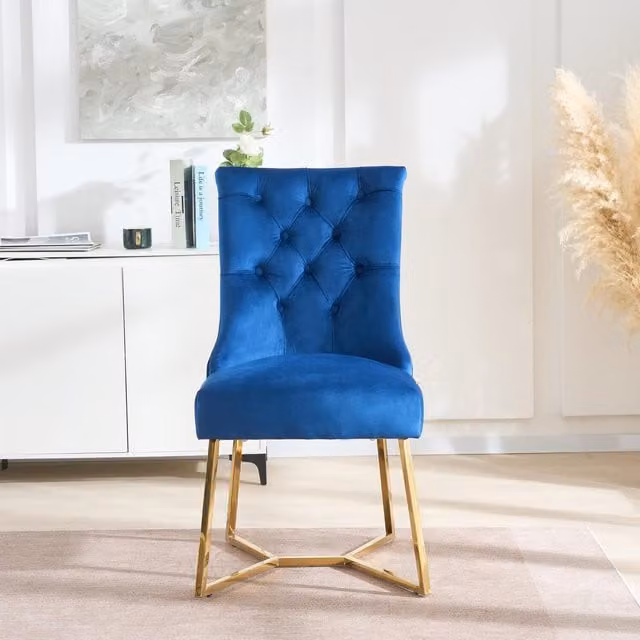 Life Interiors Ambra Modern Velvet Dining Chairs with Gold Metal Legs and Ring Handle Tufted Detail, Blue (Set of 2)