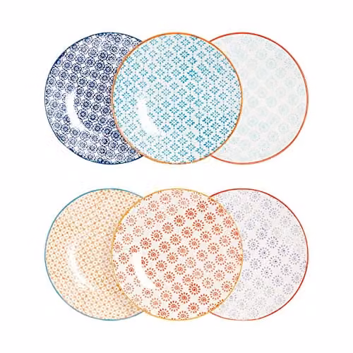 Nicola Spring Hand-Printed Floral Porcelain Side Plates, Multicolour, Pack of 6, Diameter: 18 cm