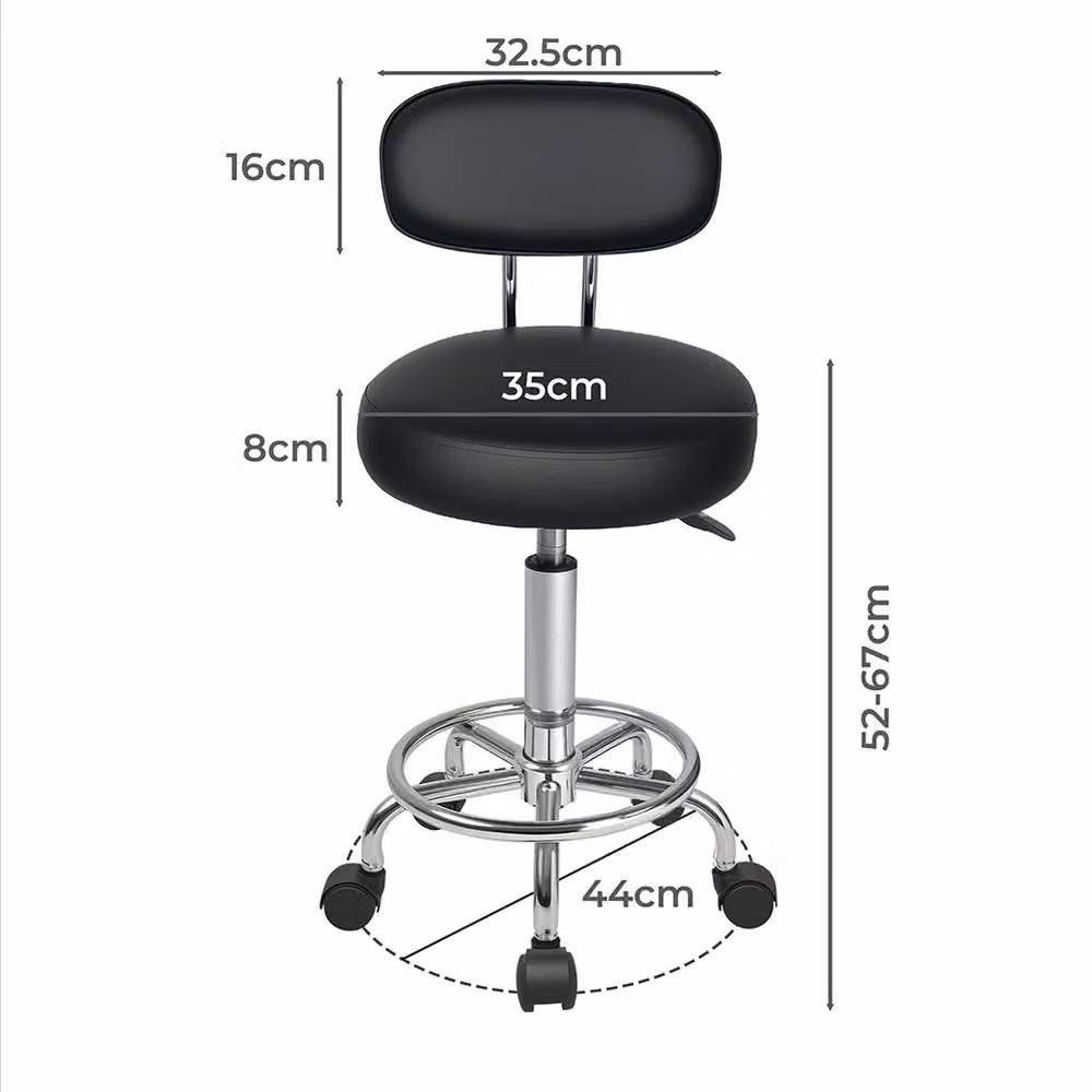 Levede Black PU Leather Rolling Stool with Low Back, Height Adjustable Swivel Task Chair with Footrest for Home, Office and Studio Use – 4