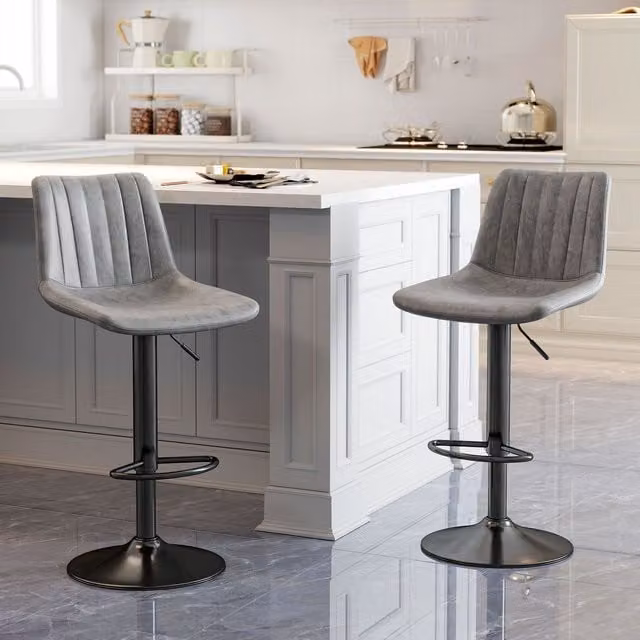 HOMCOM Set of 2 Grey Microfibre and Synthetic Leather Swivel Bar Stools with Metal Frame and Footrest – 2