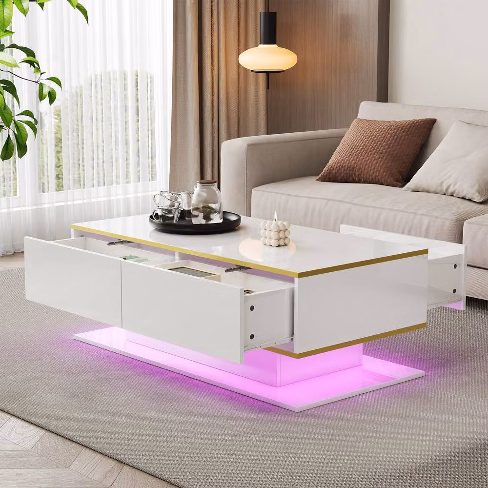 BTM High Gloss LED Coffee Table with 3 Drawers in White and Gold, W/D/H: 100 x 50 x 40 cm – 2
