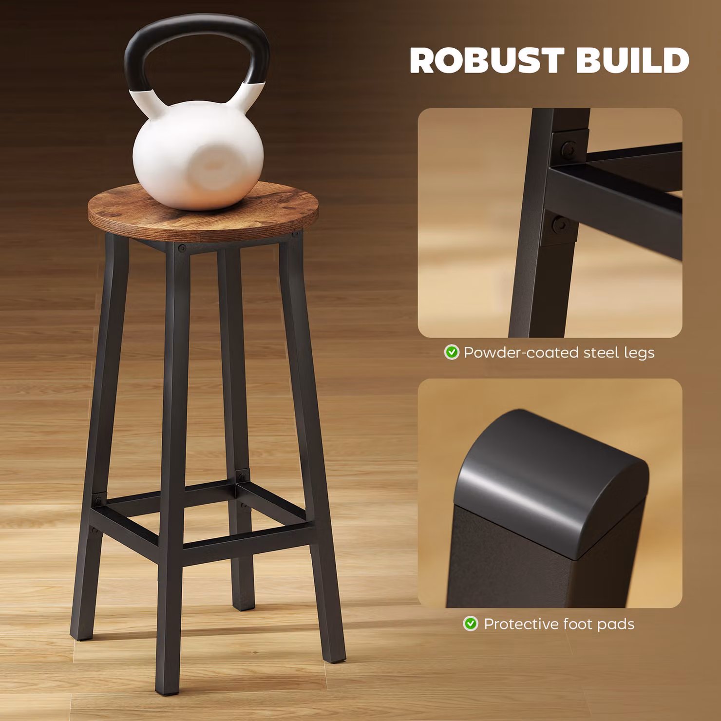 HOMCOM Set of 2 Industrial Round Breakfast Bar Stools with Footrest, Rustic Brown and Black, W/D/H: 32 x 32 x 65 cm – 5