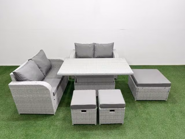 Fimous 7 Seater Rattan Garden Furniture Set in Light Grey with Adjustable Dining or Coffee Table and 3 Footstools