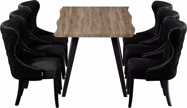 Life Interiors Mayfair Rocco LUX Modern Dining Set with Rectangular Live Edge Wood Table and 6 Black Velvet Chairs