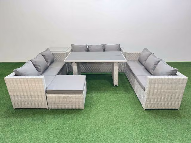 Fimous Modern Rattan Garden Furniture Set with Side Table and Large Stool in Light Grey