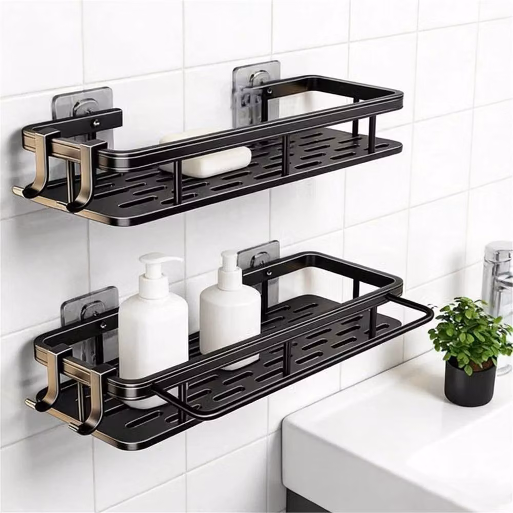 Kelvenix 2-Piece No-Drill Adhesive Corner Bathroom Shelf Set in Matt Black – 5