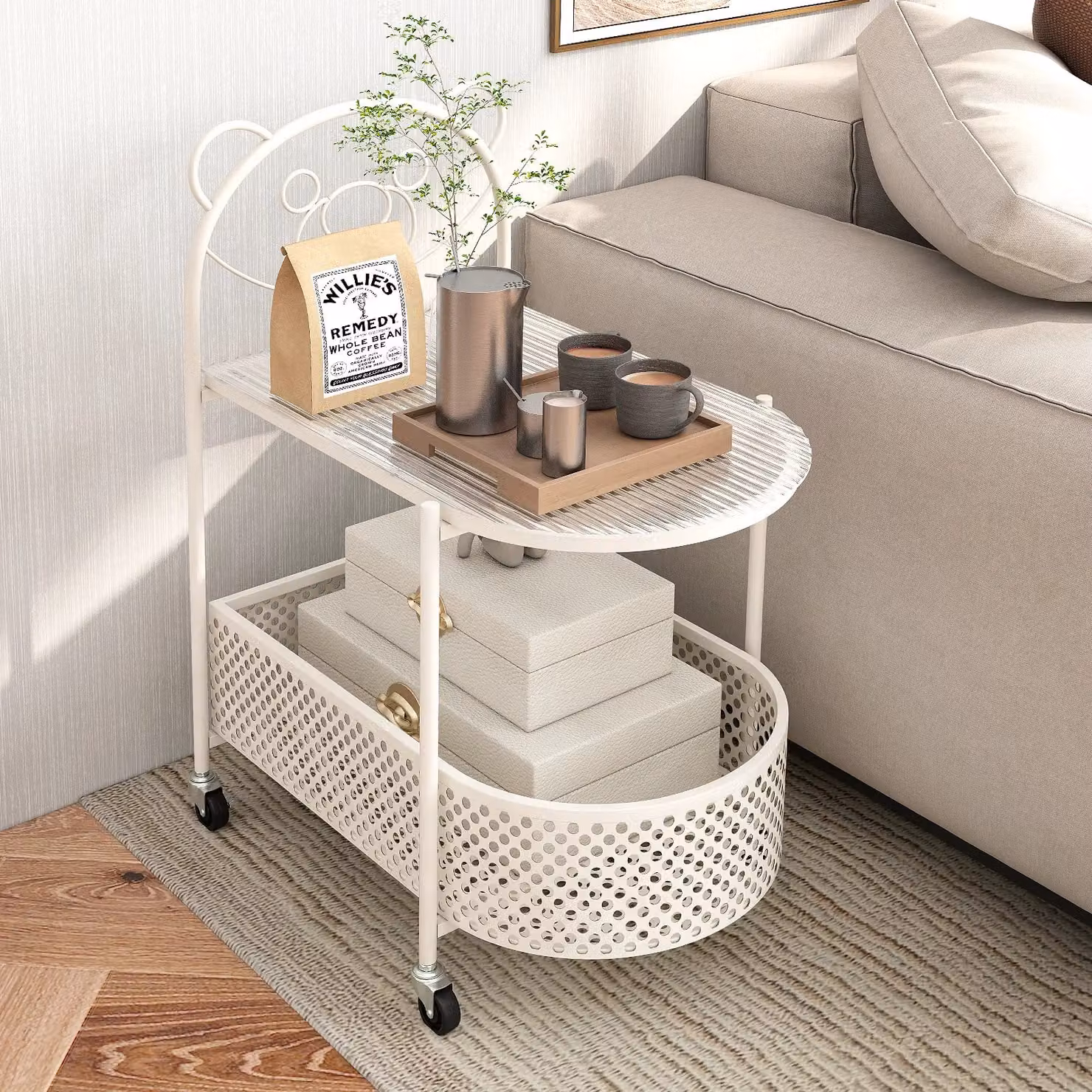 Costway Modern 2-Tier Mobile Glass Coffee Table with Castors, White – 3