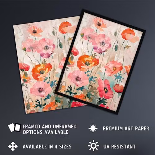 Artery8 Poppy Flowers Floral Oil Painting Framed Wall Art Print in Orange, Pink and Red, A4 – 2