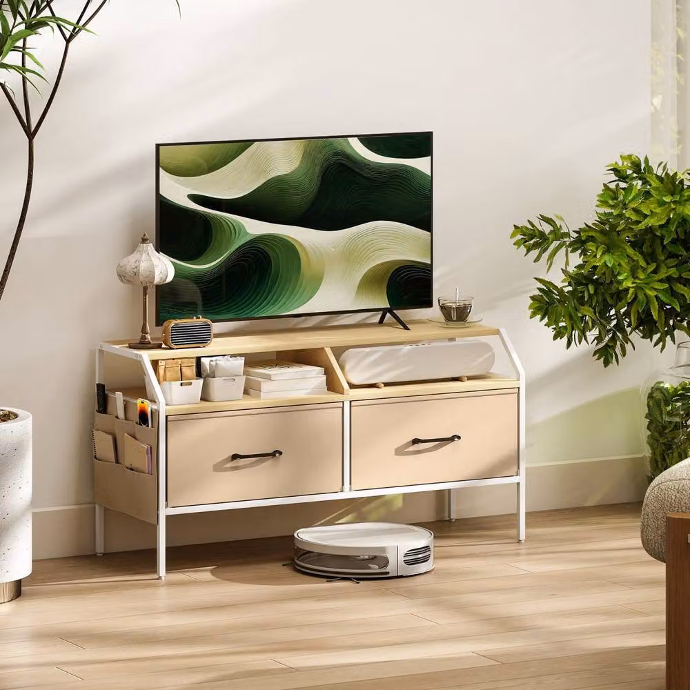 Wyld Haus Avamira Industrial TV Stand with Foldable Drawers, Brown and White, Width: 98 cm – 3