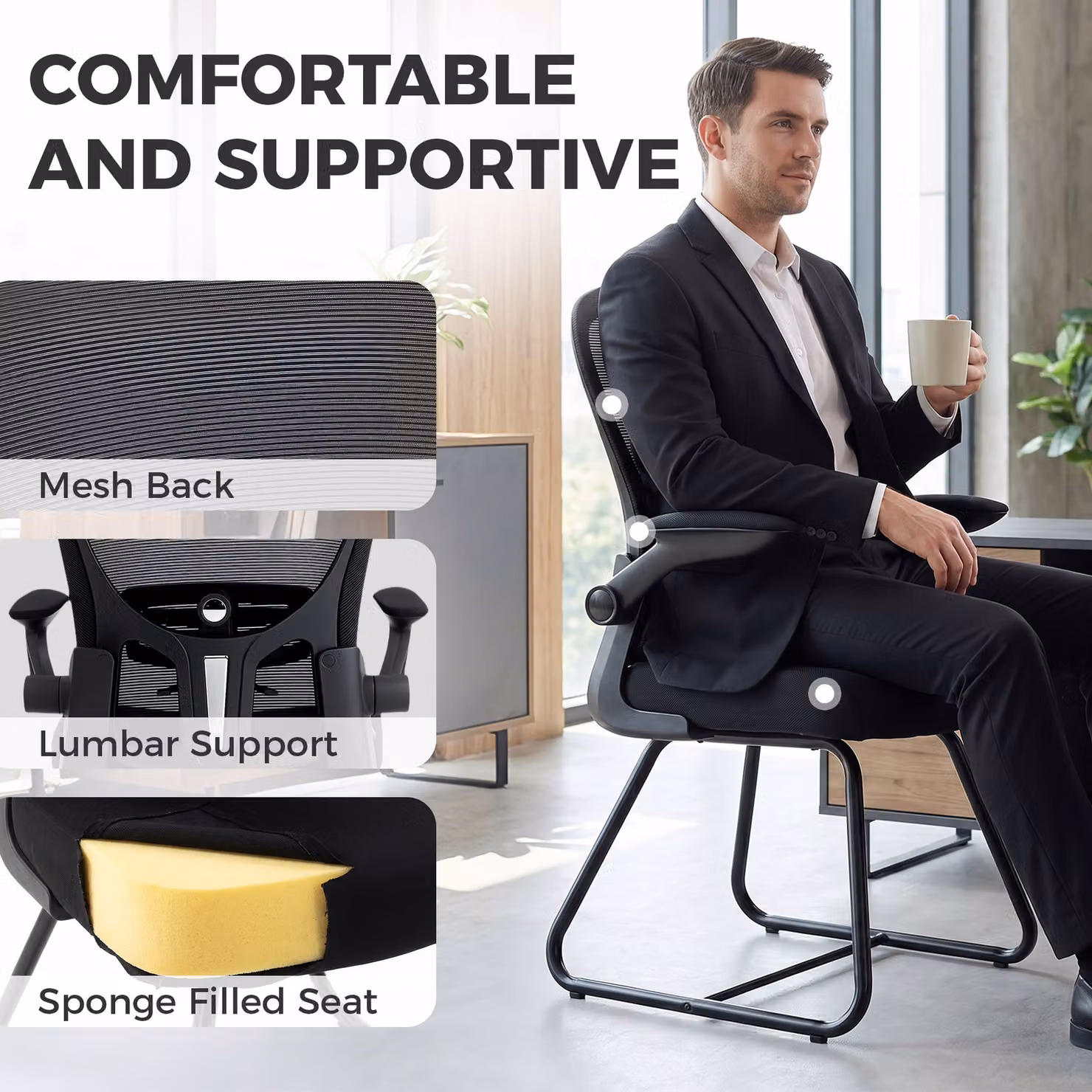 HOMCOM Black Fabric Reception Chair with Flip-up Armrests, Mesh Backrest, Lumbar Support and Metal Base – 5