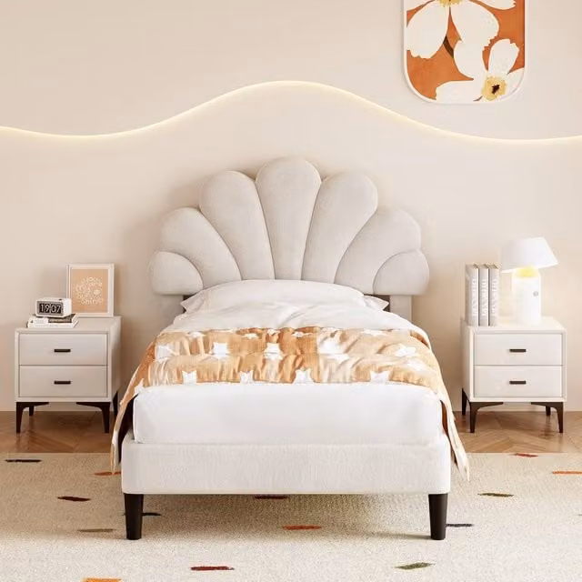 ModernLuxe Upholstered Single Bed with Adjustable Petal Headboard in Beige, W/D/H: 90 x 190 x 107 cm – 1