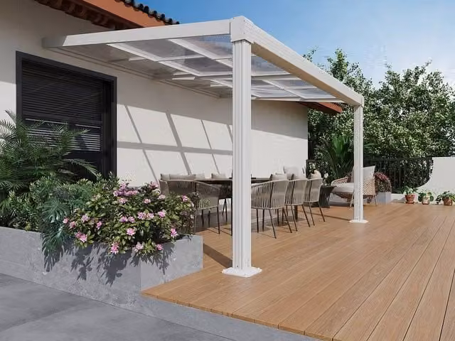 Vente-unique IZEDA Lean-To Aluminium Pergola with Sliding Polycarbonate Roof, White – 1