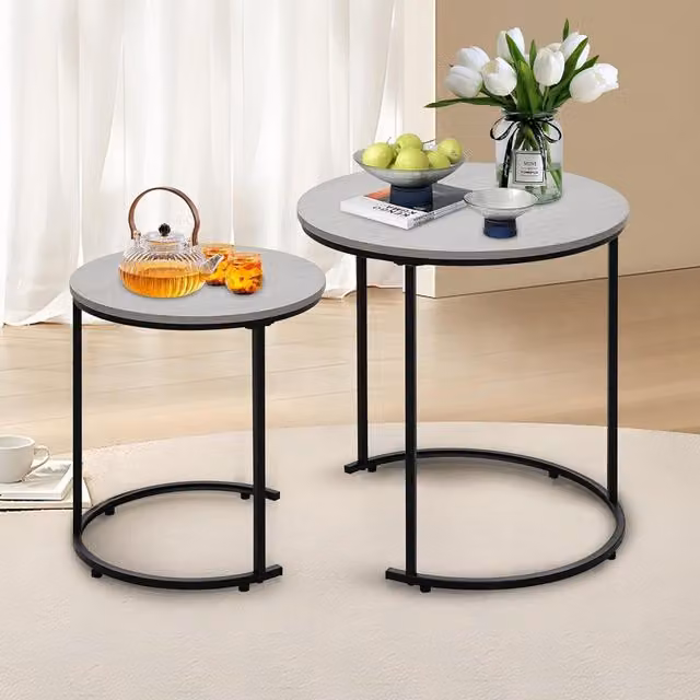 Alivio Set of 2 Round Coffee Tables with Metal Frames and Grey MDF Tops