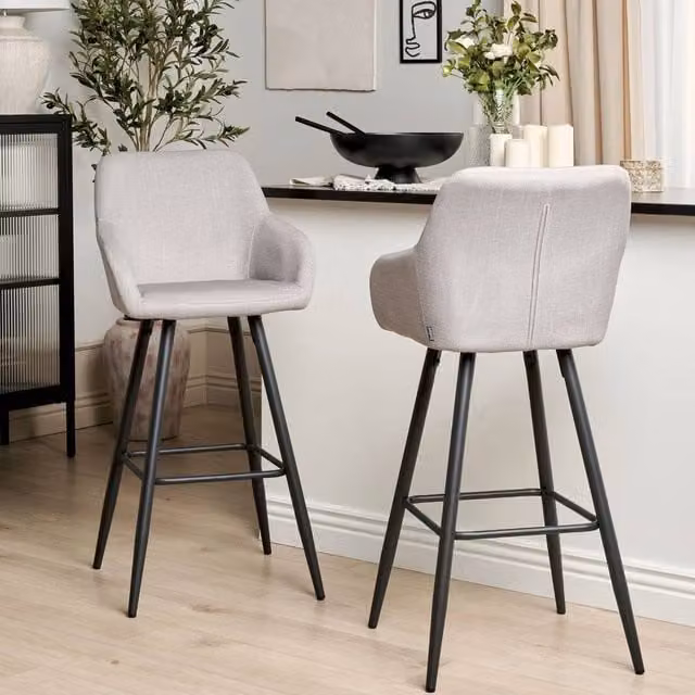 Wyld and Coco Taupe Velvet Bar Stool Set of 2 with Black Metal Legs and Armrests in Beige – 1