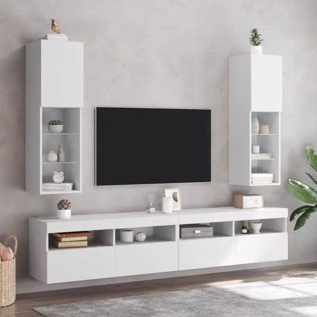 Berkfield Home Set of 2 Modern White Wall Mounted TV Cabinets with Integrated LED Lighting, W/D/H: 30.5 x 30 x 102 cm – 1