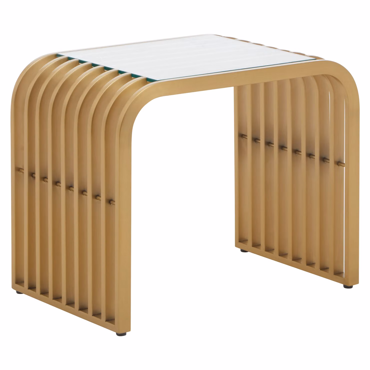 Orsina Art Deco Matte Gold Slatted End Table with Glass Top – 2