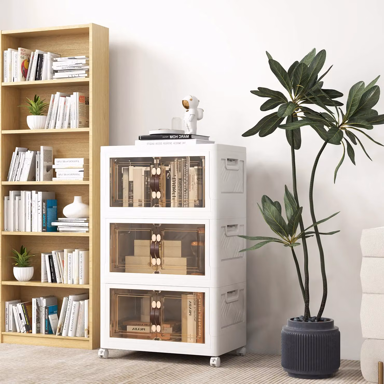 Costway Stackable Folding PP Storage Cabinet with Lockable Wheels, 3 Pack, White – 6