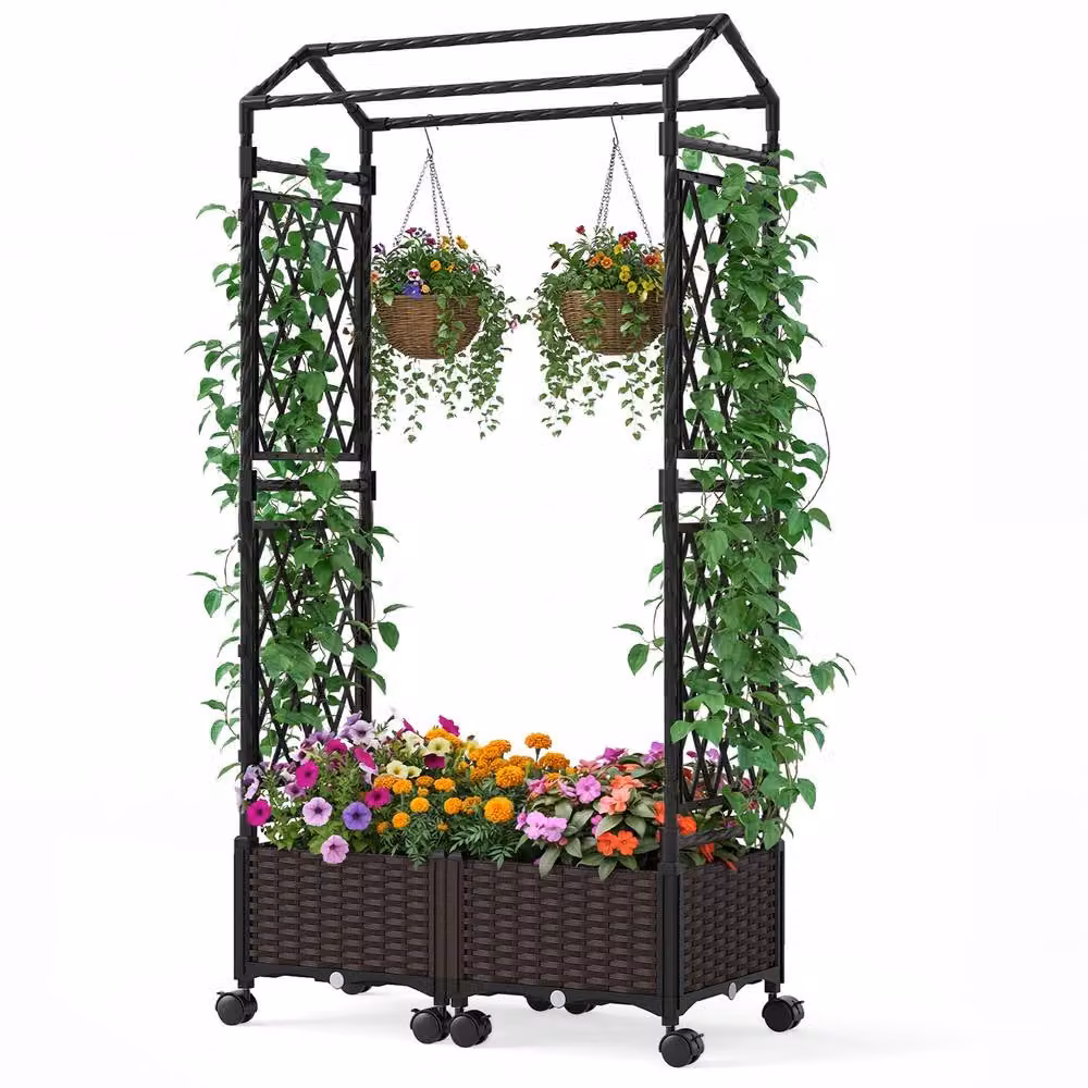 Costway Brown Self-Watering Raised Planter Boxes with Lattice Trellis and Roof for Vegetable and Herb Gardens, W: 147 cm, D: 40 cm, H: 20 cm – 4