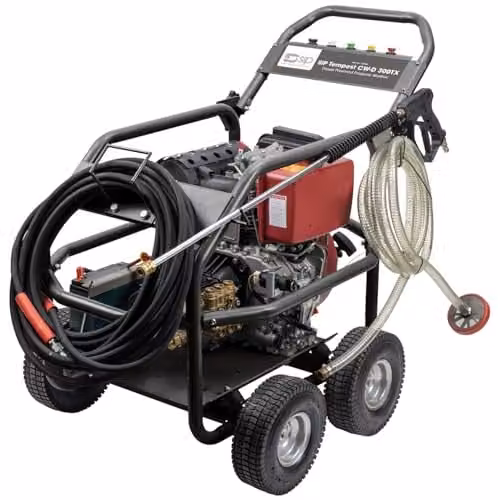 SIP Tempest CW-D 300TX Diesel Pressure Washer, 9hp 300 bar 900L/h Portable Jet Wash in Silver with 15m Hose