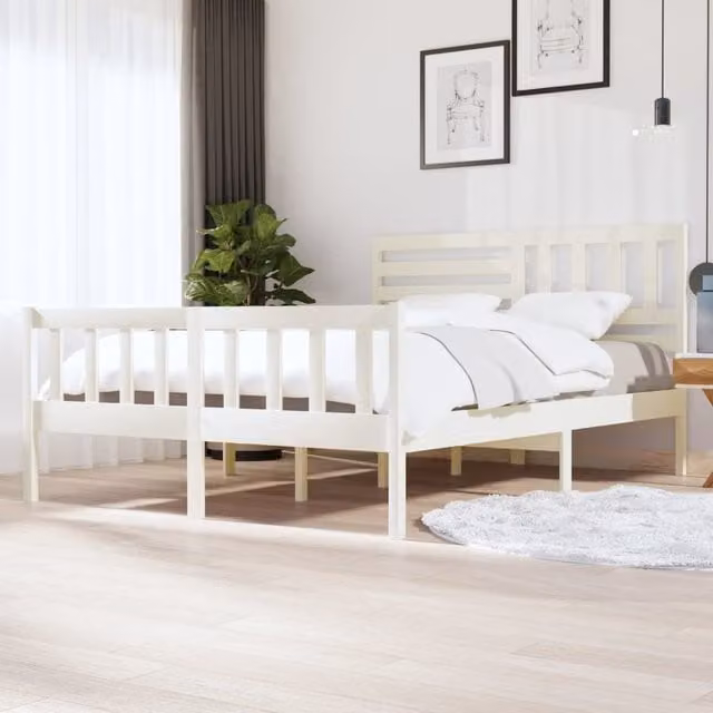 Berkfield Home White Solid Pine Wood Bed Frame W/D/H: 160 x 200 cm