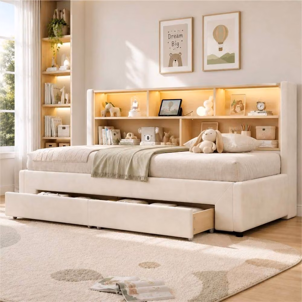Rolipo Beige Velvet Extendable Single Sofa Bed with LED Lighting, USB Charging Port and Storage Drawers, W/D/H: 90 x 190 x 180 cm – 3