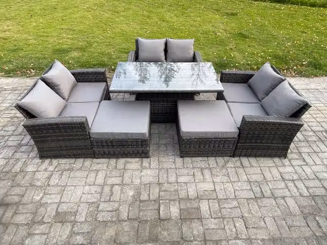 Fimous 8 Seater Wicker Rattan Garden Furniture Set with Height Adjustable Rising Table, Double Seat Sofa and 2 Large Footstools in Dark Grey Mixed