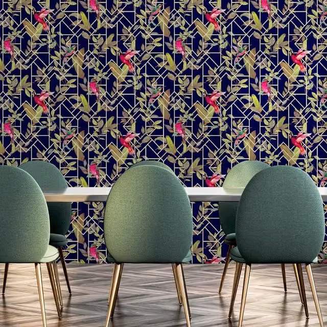 Arthouse Deco Tropical Spongeable Wallpaper in Navy and Gold with Art Deco Botanical and Geometric Patterns