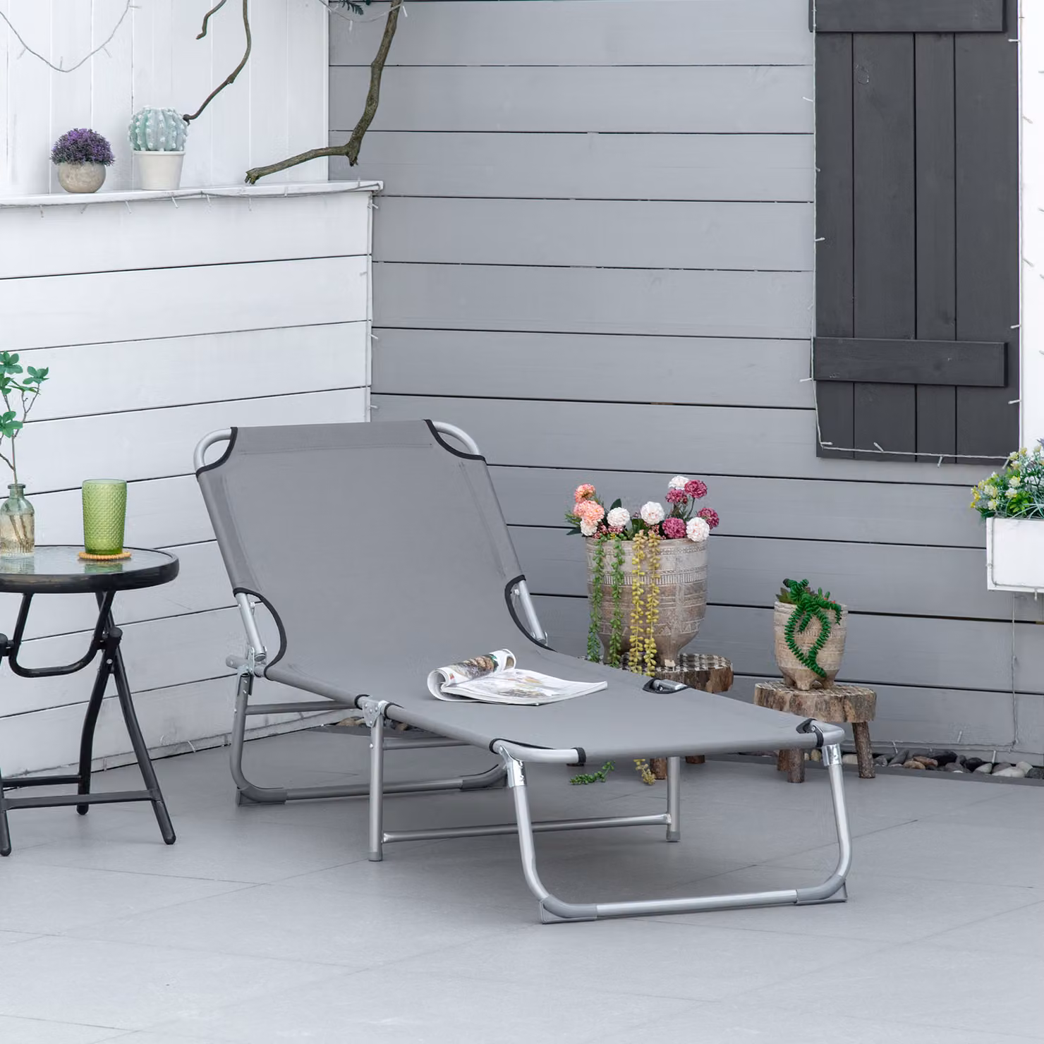 Outsunny Reclining Sun Lounger Chair in Grey with Adjustable Headrest and Textilene Fabric – 2