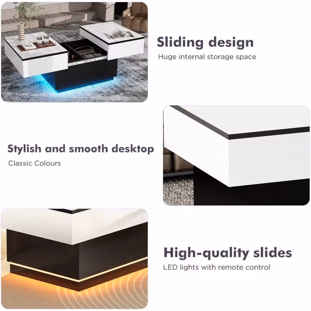 NESTLUNE Extendable Wooden Coffee Table with LED Lighting and Hidden Storage in White, W: 100 cm, D: 15 cm – 4