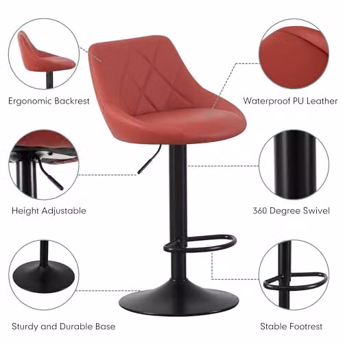 mcc direct Stanley Set of 2 Red Faux Leather Swivel Bar Stools with Backrest and Metal Base – 4