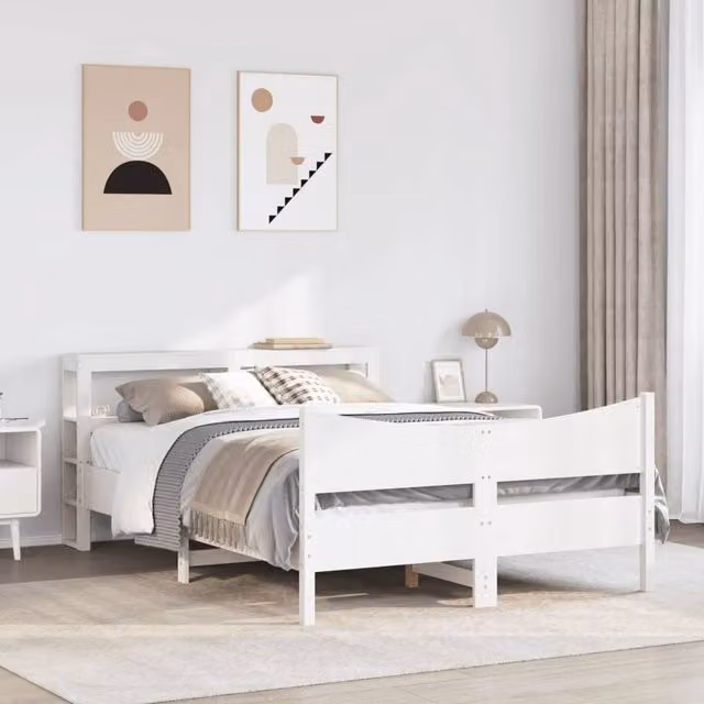 Berkfield Home Sleek Small Double Bed Frame with Headboard in White Solid Pine, W/D/H: 120 x 200 cm – 1