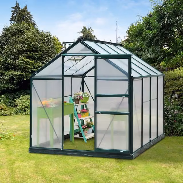 Outsunny Walk-In Polycarbonate Greenhouse with Green Aluminium Frame – 1