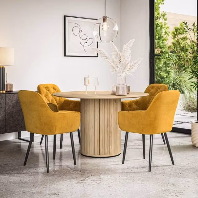 More4Homes Arlo Oak Round Dining Table and Anika Mustard Velvet Dining Chairs Set of 4, W: 120 cm, H: 75 cm – 1