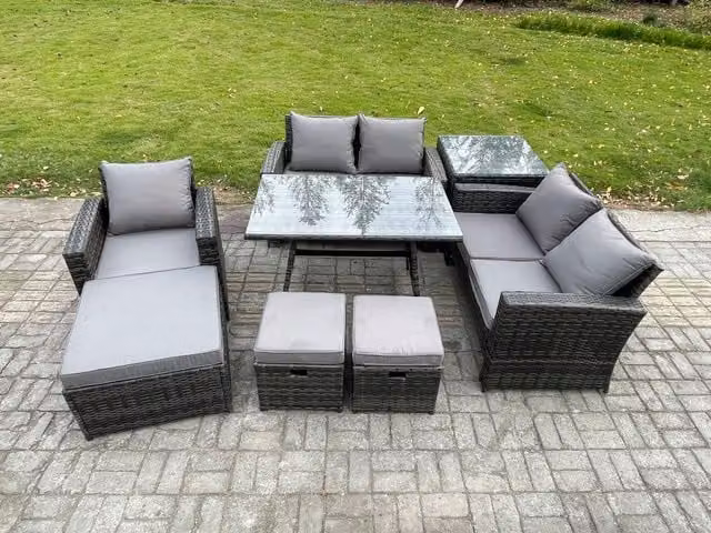Fimous 8 Seater Grey PE Rattan Garden Dining Set with Rectangular Table, Double Sofa, Side Table and 3 Footstools