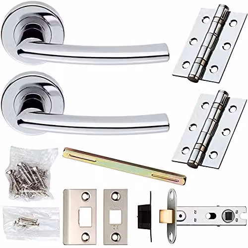 Loops Chrome Modern Curved Slim Bar Door Handle and Latch Pack with Screwless Round Rose