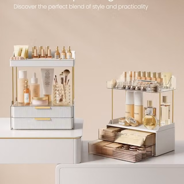SONGMICS Stackable Makeup and Skincare Organiser in White, Transparent and Gold