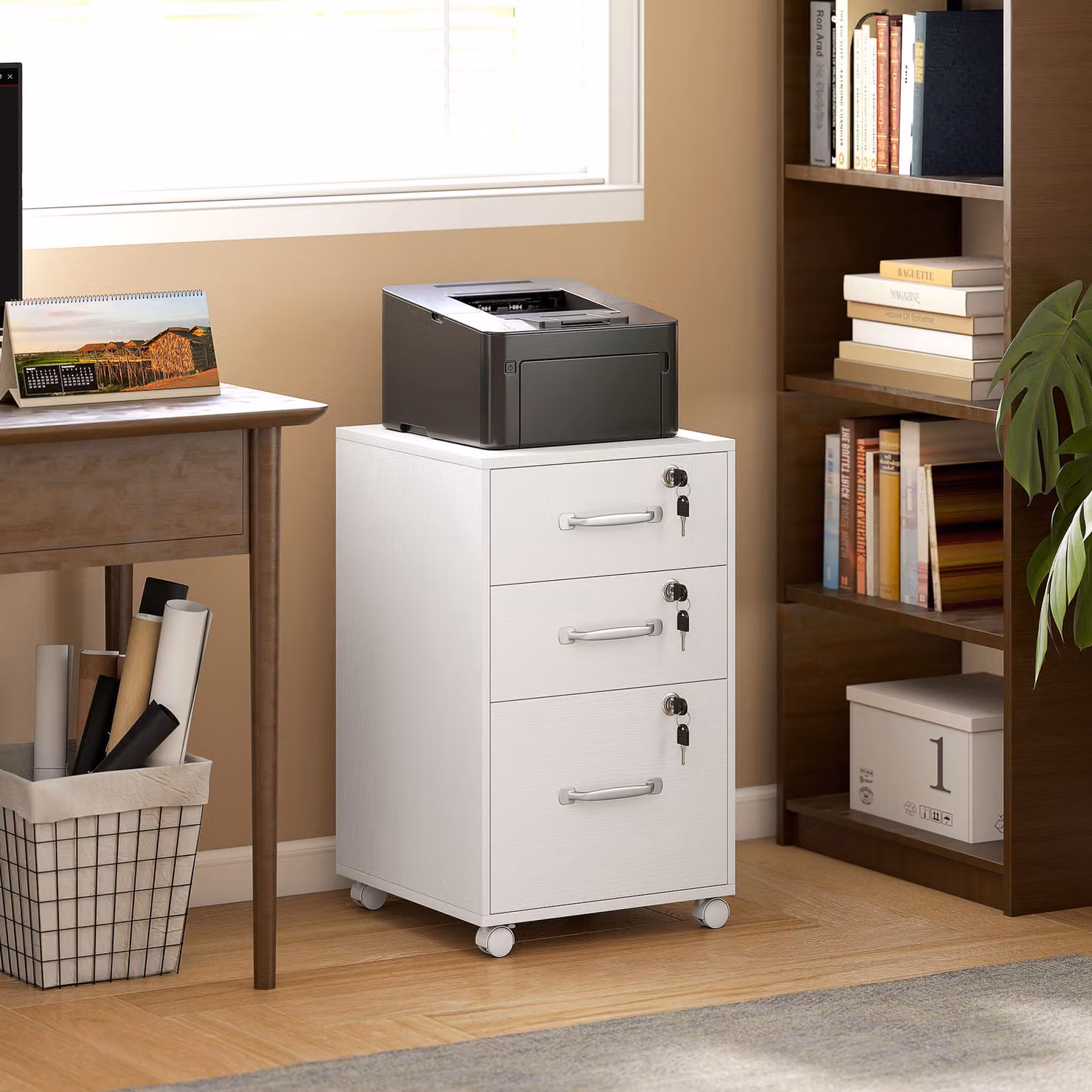 HOMCOM Three Drawer White Wood-Effect Filing Cabinet with Lock and Castors – 2