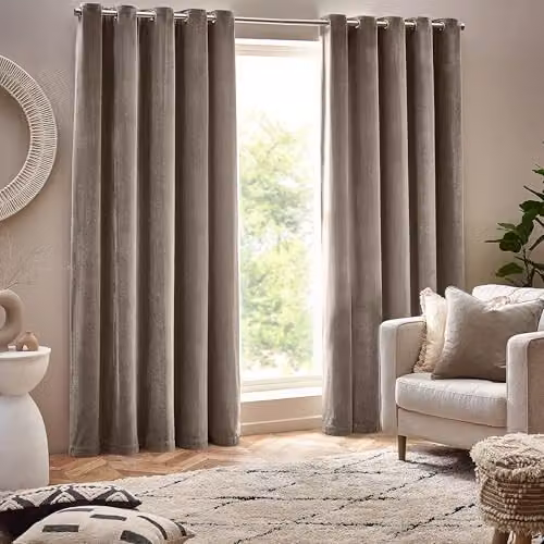 Riva Home Beige Chenille Velvet Eyelet Curtains, Pair, W/H: 137 x 229 cm – 2