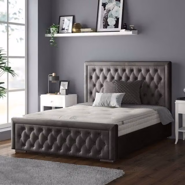 IH Design Sandringham Chesterfield Upholstered Plush Velvet Bed Frame with Diamond Details, Anthracite Grey, 140 x 200 cm