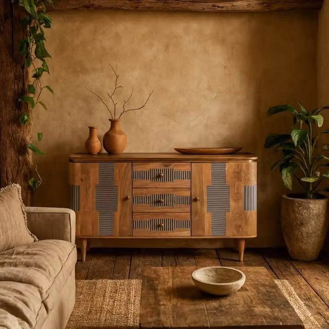 Wyld Haus Idaho Acacia Wood Sideboard in Brown with 3 Drawers and 2 Doors, W/D/H: 140 x 40 x 80 cm