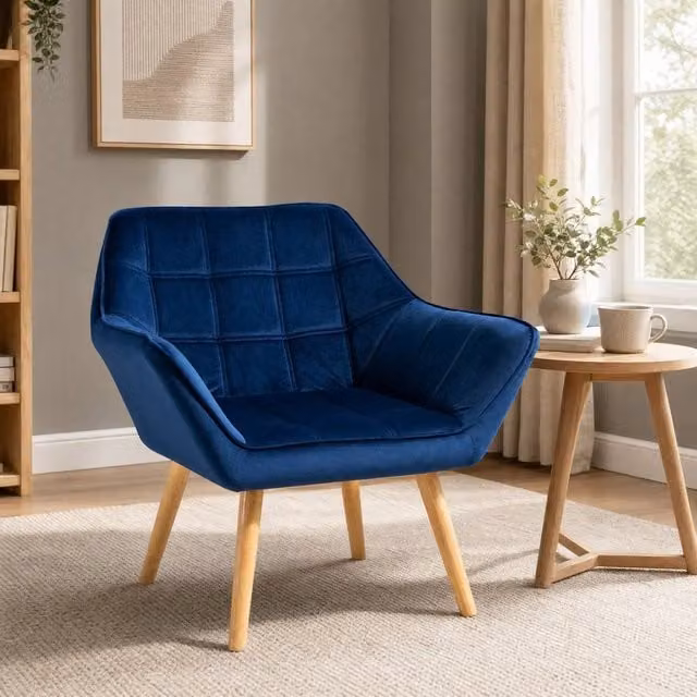STILVORA Blue Velvet Armchair with Metal Frame and Armrests – 1