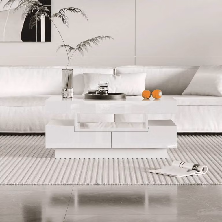 SPETLEK White Coffee Table with Storage Drawers and LED Strips
