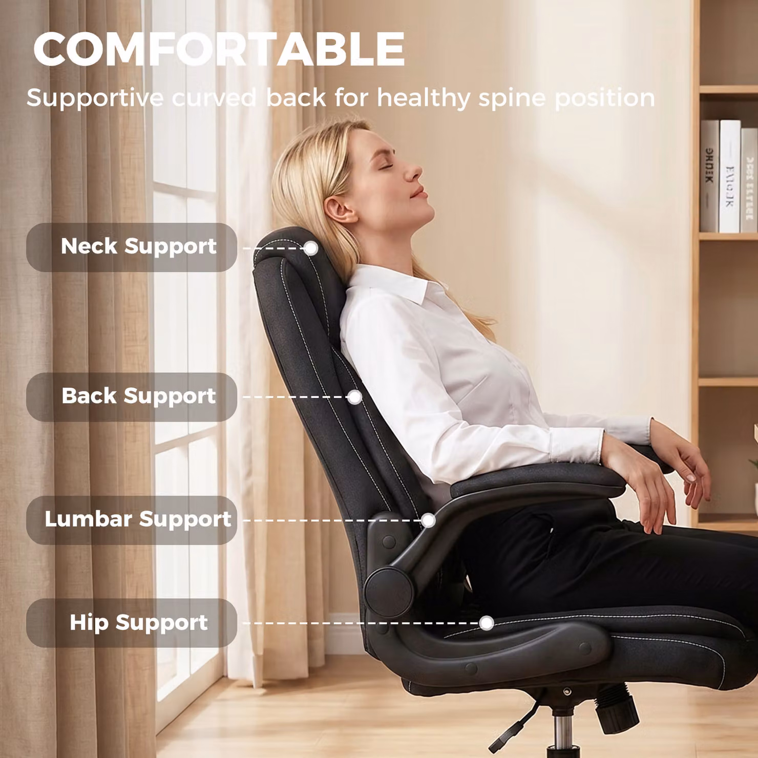 HOMCOM Black Linen-Look Executive Office Chair with Flip-Up Armrests and Thick Cushion – 4
