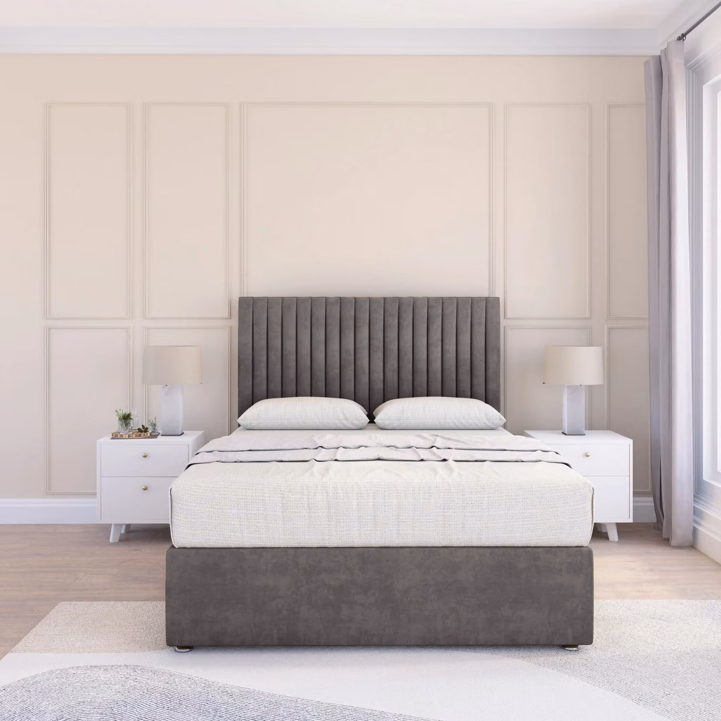 Sloomy Manhattan Grey Velvet Divan Bed Base with Floor Standing Headboard, King Size, W/D/H: 180 x 200 cm