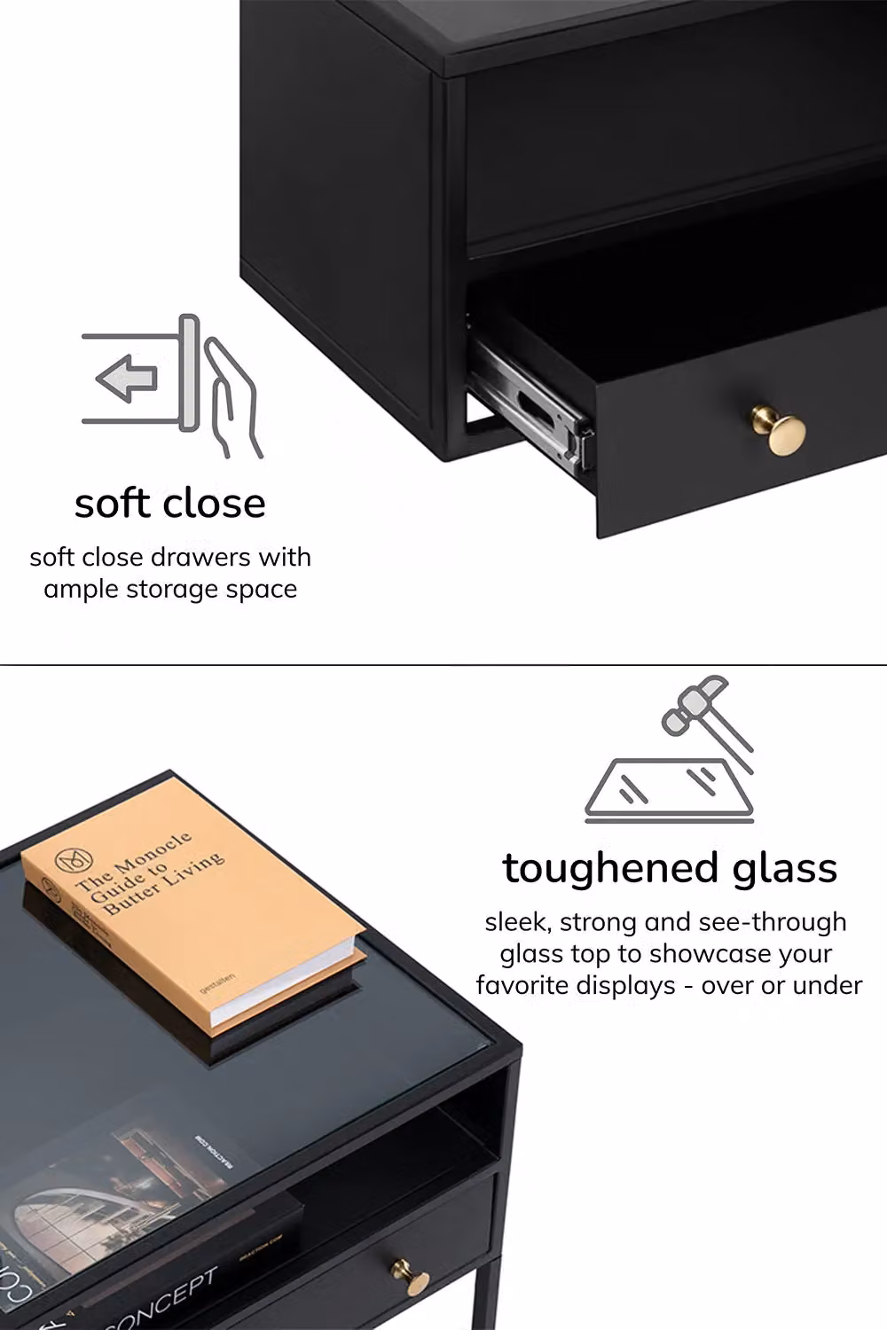 MH London Hale Bedside Table with Drawer and Open Storage Shelf in Black and Gold Metal and Toughened Glass – 7