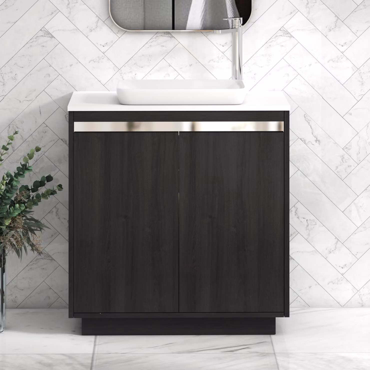 Royal Bathrooms Orion 800mm Hale Black and Plain White Floor Standing 2 Door Vanity Unit with Qubix Basin and Chrome Accent Trim