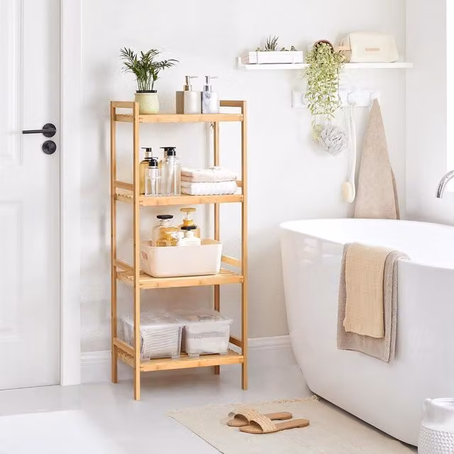 SONGMICS 4 Tier Bamboo Storage Rack with Adjustable Shelves in Natural Wood