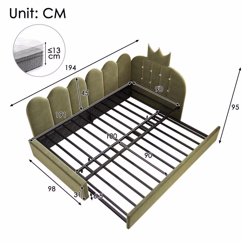 BES HOME Crown Upholstered Daybed with Pull-Out Trundle, Green Velvet, W/D/H: 90 x 190 cm – 3