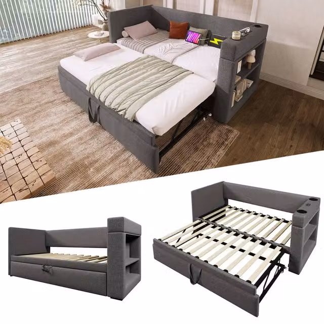 ModernLuxe Upholstered Single Daybed Sofa Bed with Storage and Pull-out Trundle in Grey, W/D/H: 190 x 90 x 74 cm